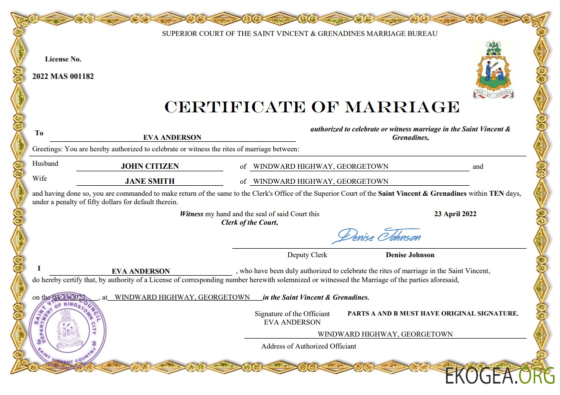 Modèle Word et PDF d'acte de mariage à Saint Vincent et Grenadies